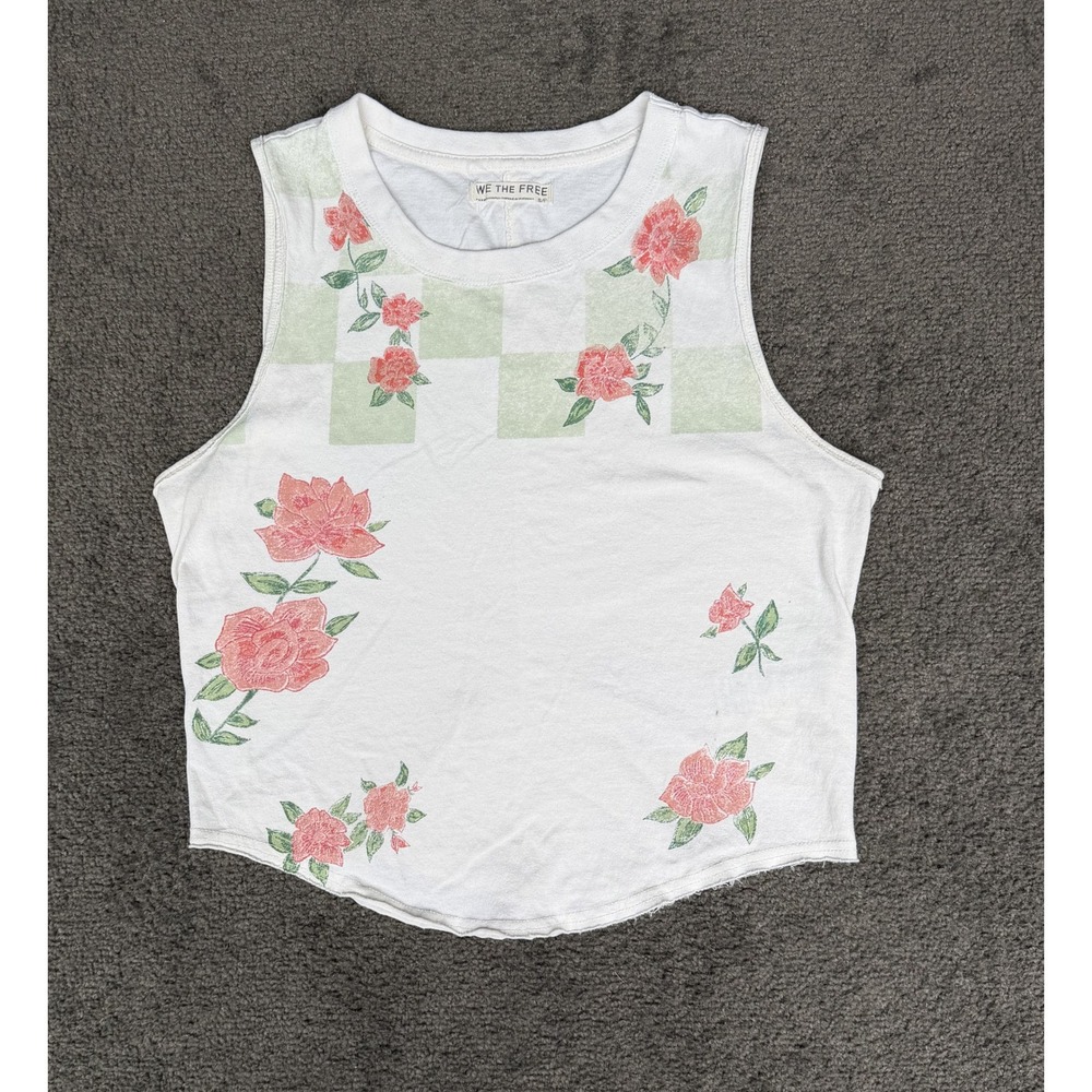 We The Free Free People White Floral Checkered Muscle Tank Top Small OB2228017